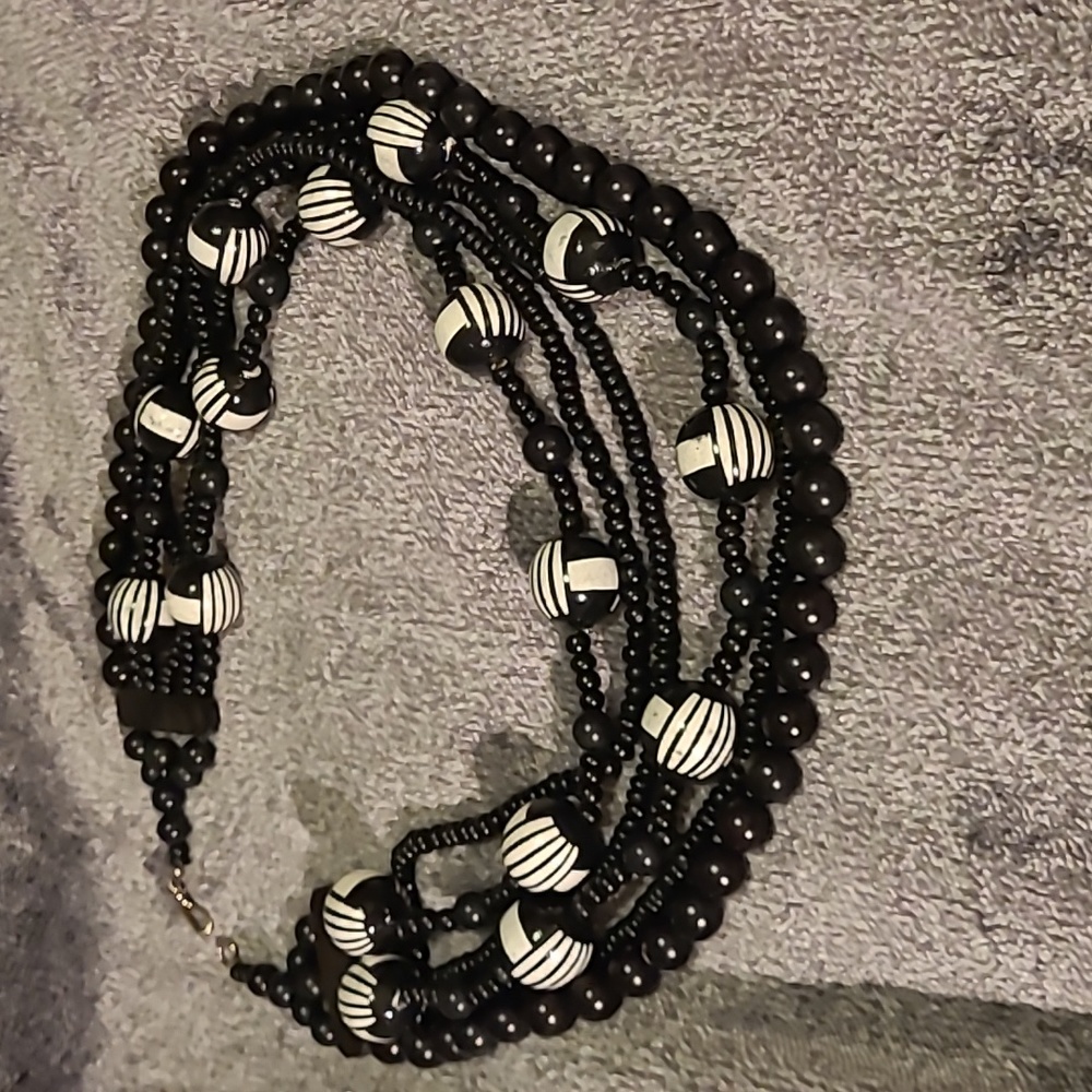 VINTAGE  Statement Necklace Black & White with wood balls
